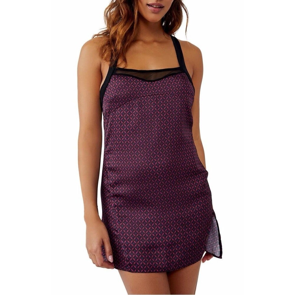 Free People Purple Geometric Satin Chemise with Black Trim